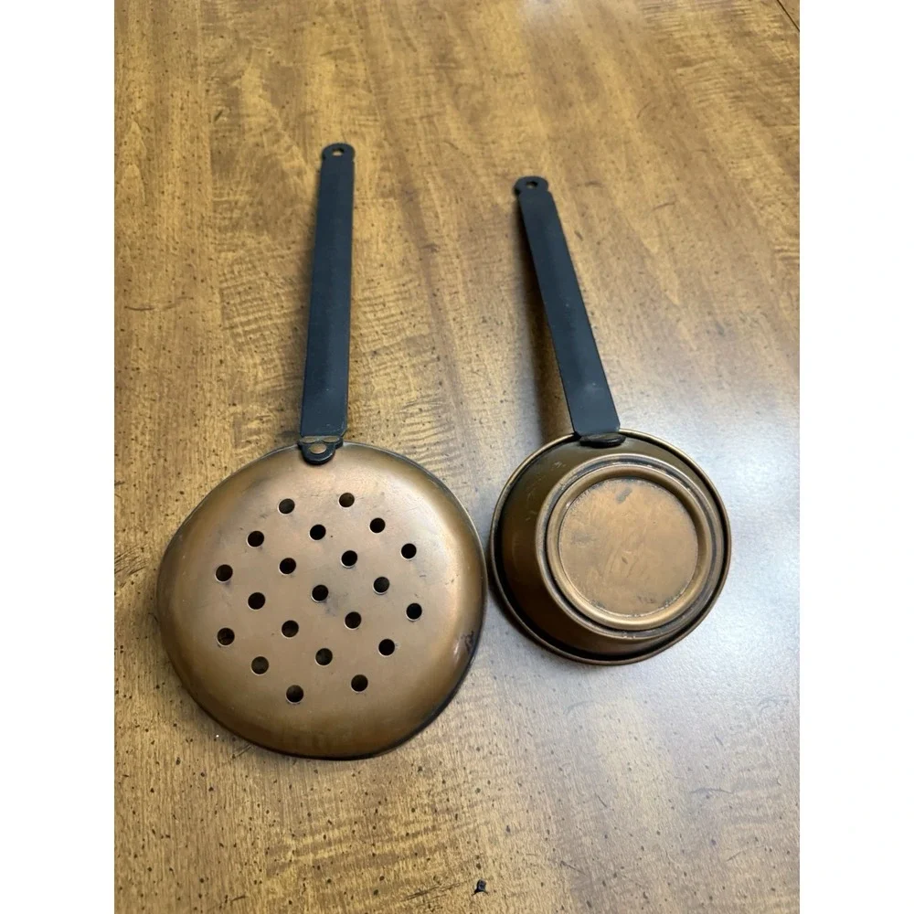 Vintage Long Handled Copper Look Wrought Iron Ladle Cup & Strainer Wall Decor